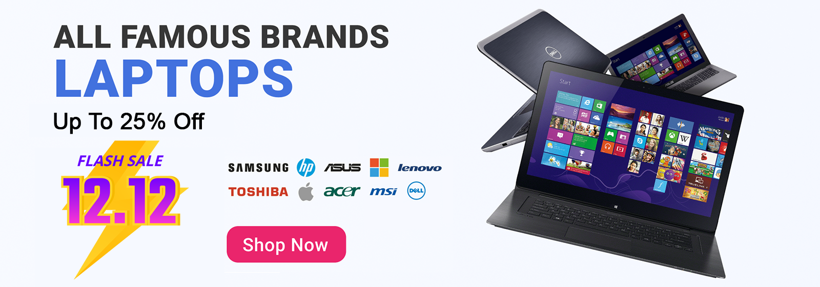 Visual representation of popular laptop brands featuring a sale announcement for discounts reaching 25% off.